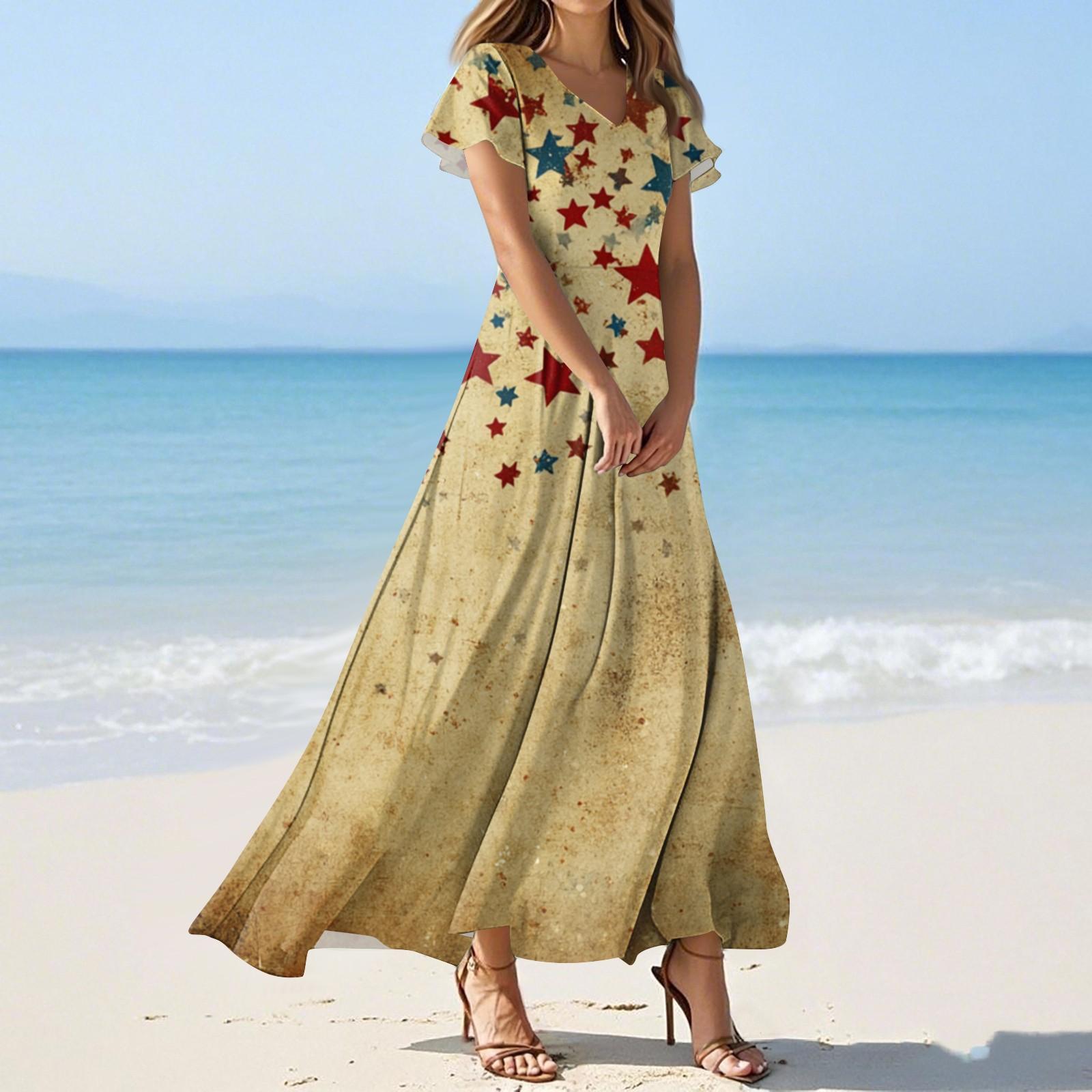 

Женские летние повседневные модные платья с принтом ко Дню независимости, платья с коротким рукавом и V-образным вырезом XXL хаки