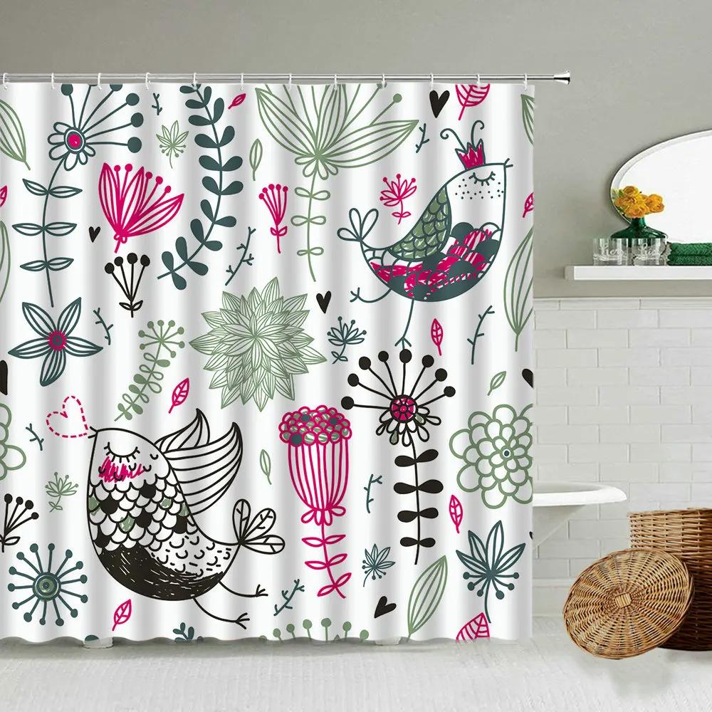 Cartoon Handbemalter Tier Duschvorhang, Katze, Vogel, Kaninchen, Pflanze, Blume, Kinder Badezimmer Dekor mit Haken, Hängender Sichtschutz