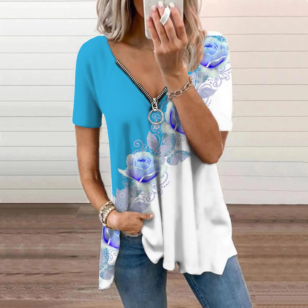 Dámský top Léto Nová móda Modrá Pearl Rose Potištěný Neformální top s výstřihem do V a krátkým rukávem