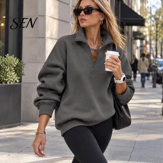 Langarm-Layering-Oberteile Damen Übergroßer Pullover, Stehkragen Reißverschluss Halbe Knopfleiste Oberteile, Leichter Pullover für Lässige Streetwear Entspannt