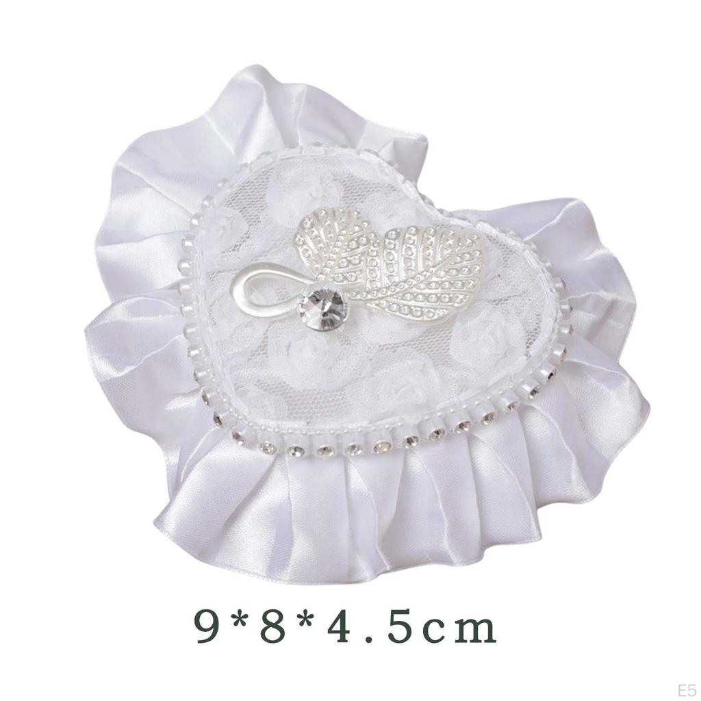 Bridal Ring Holder Cushion Heart Shaped Bearer Box Romantic Pillow with Ribbon for