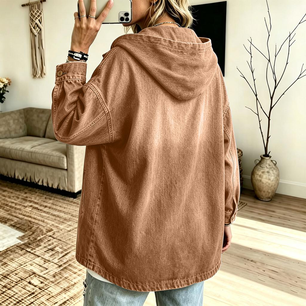 Giacca Cappotto di Jeans Casual da Donna con Cappuccio e Bottoni per Primavera Autunno Capospalla Quotidiano