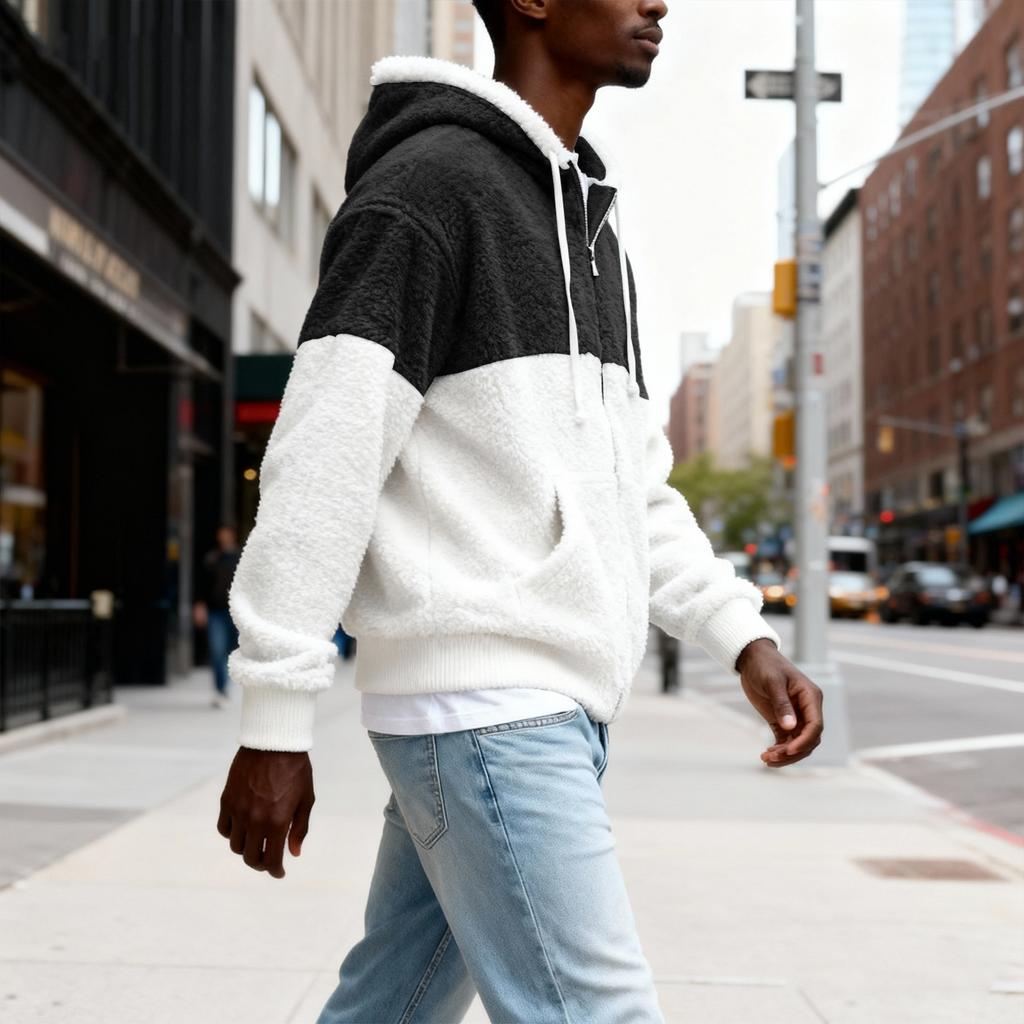 Hanorac cu fermoar pufos pentru bărbați Jachetă de pluș cu fermoar cu glugă pentru