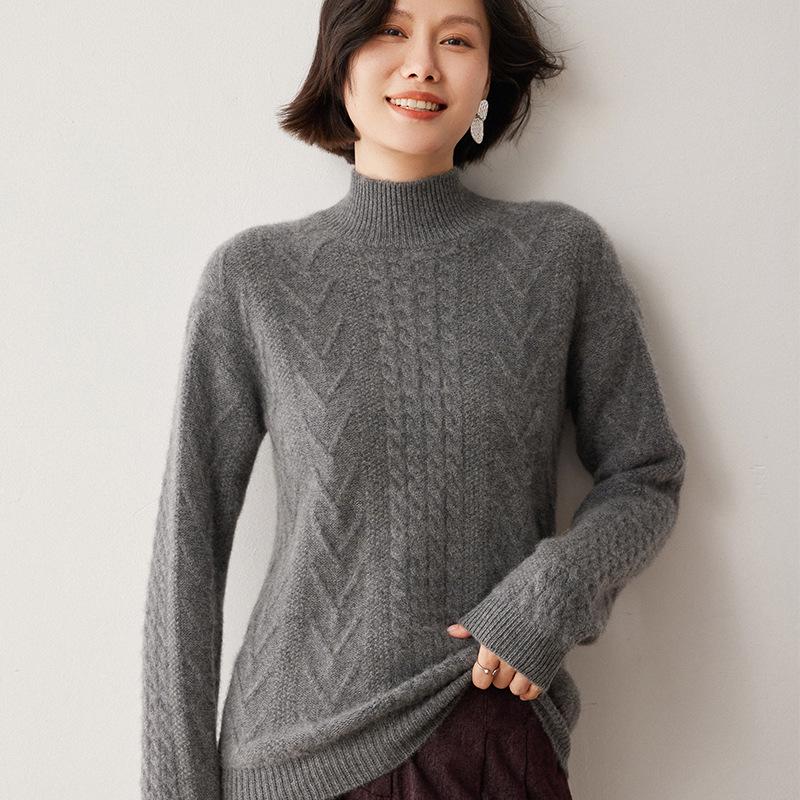 Women's Cashmere Cable Knit Sweater, Half-High Neck, Korean Style, Autumn/Winter 2024 Fashion