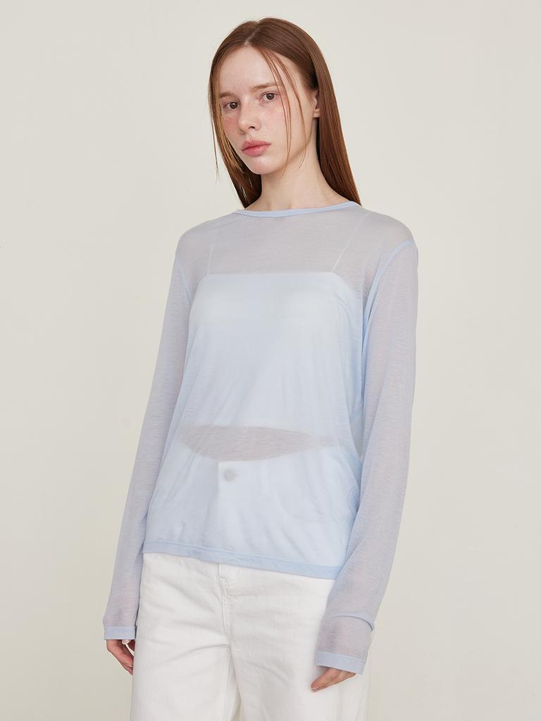 Leusejiem See-Through Tencel Long Sleeve T-Shirt - Sky Blue