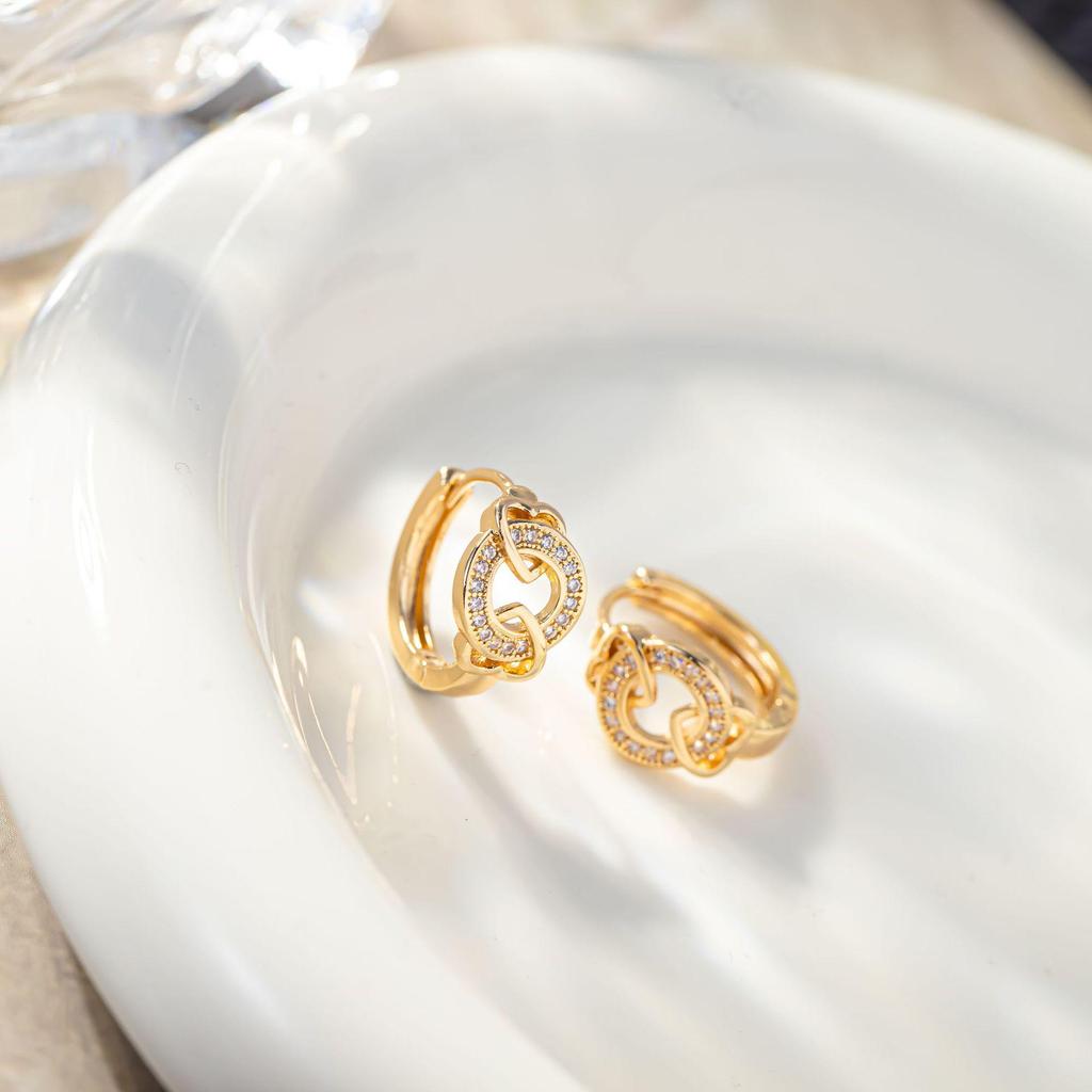 Exquisite Korean Style Double Heart Hoop Earrings with Micro-set Diamonds