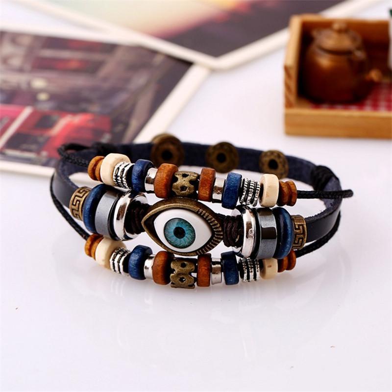 Vintage Beaded Eye Bracelets Multi-Layer Leather Rope Adjustable Bracelet Unisex Jewelry Accessries Gifts
