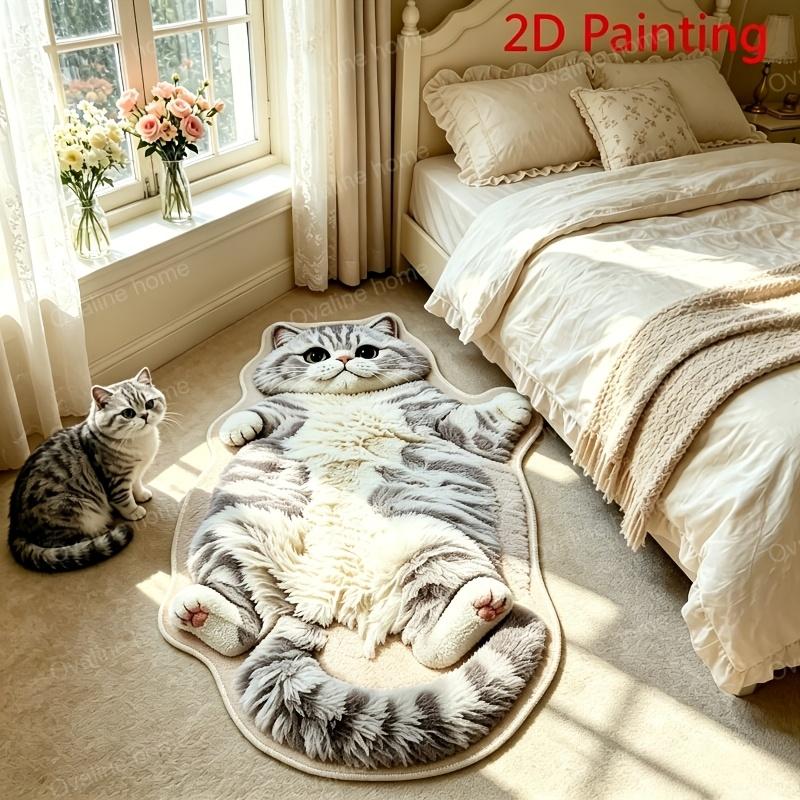 Chubby Lying Tabby Cat Shaped Long Rug 2D Furry Effect Print Non Slip Soft Bedroom Bedside Absorbent Floor Carpet Home