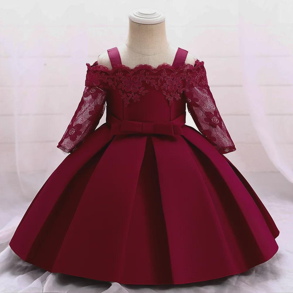 Baby Girl's Long-Sleeved Flower Princess Dress for First Birthday