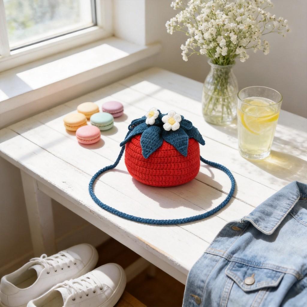 Bag Knitted Tomato Cartoon Girl Crossbody Phone Purse With Drawstring Closure For Casual Wear