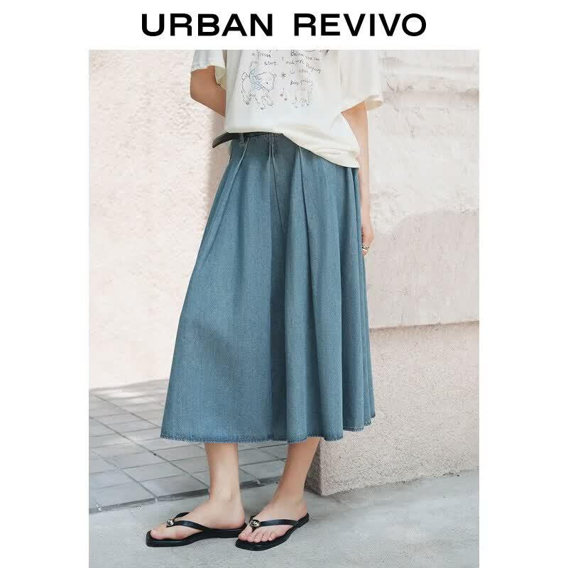 UR Women's Washed Pleated Denim Midi Skirt with Belt