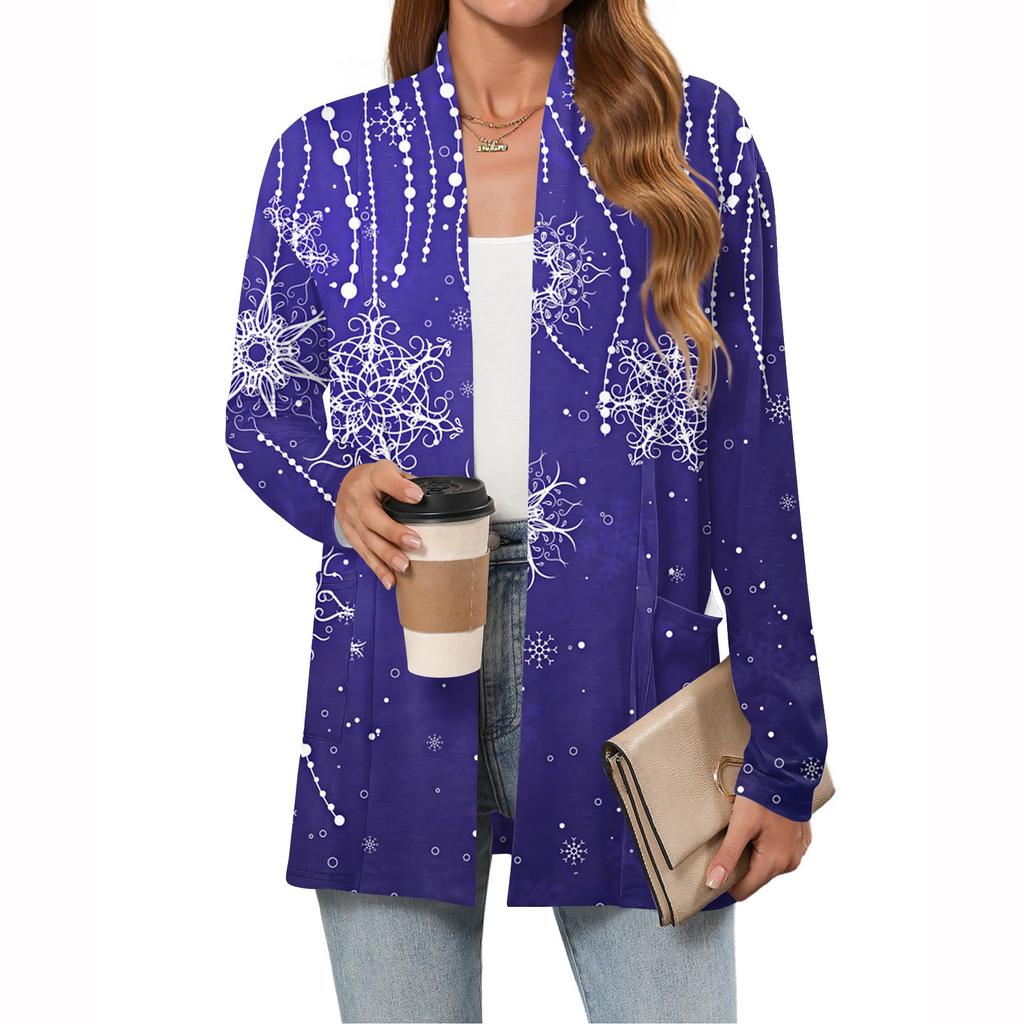 Women's Christmas Printed Lightweight Cardigan Long Sleeved Casual Loose Thin Fit With Pockets Cardigan Jacket