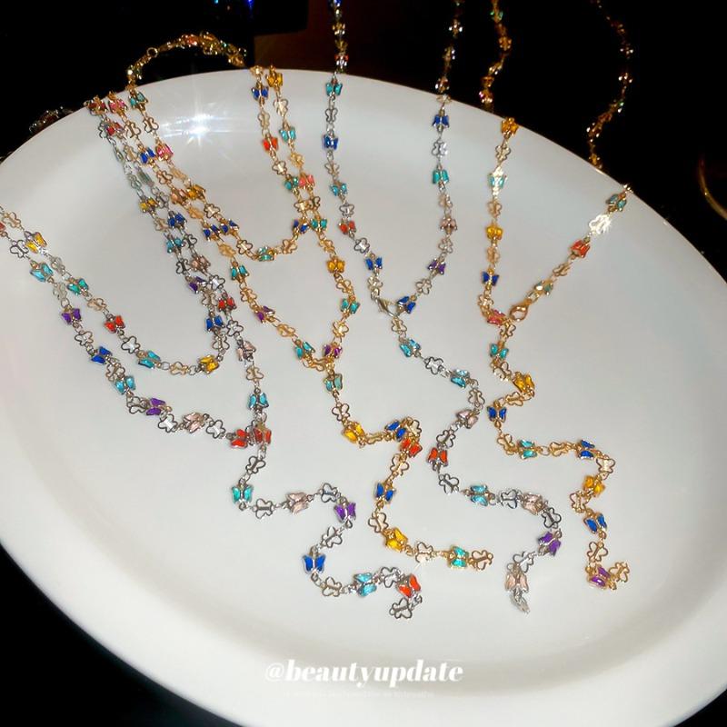 Early Spring Hue~ Crystal Dopamine Butterfly Y-Shaped Necklace Sweet Holiday Style Collarbone Chain Design Sense Niche Items