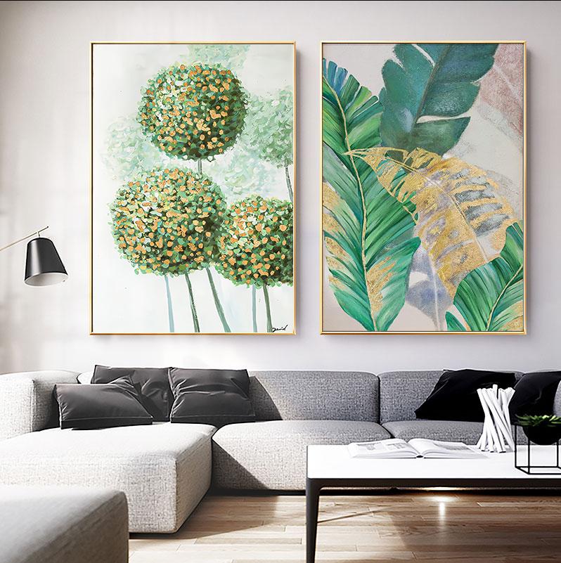 Abstraktes grünes Blatt-Ölgemälde, Stickerei, Blume, goldene Blume, Leinwand-Poster, Portikus-Wanddekoration