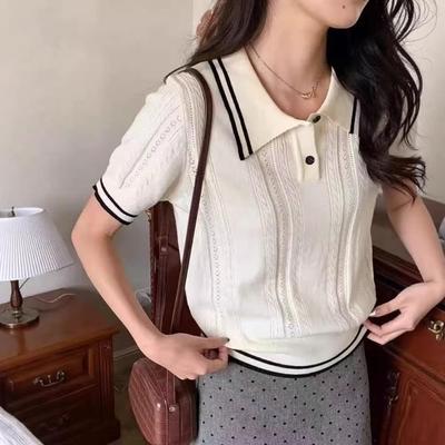 Women's Summer 2026 College-Style Hollow Knit Polo Collar Sweater with Dropped Shoulders