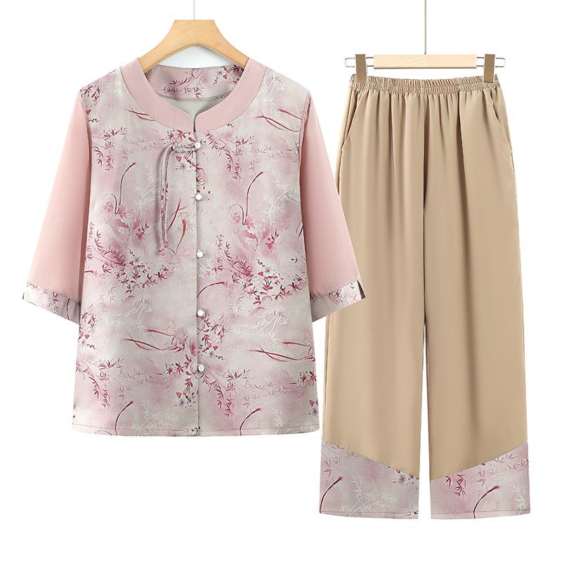 

Summer Chinese Style Patchwork Two-Piece Set for Women – Loose, Casual, and Fashionable for Middle-Aged and Elderly 2XL 105-120 lbs красный