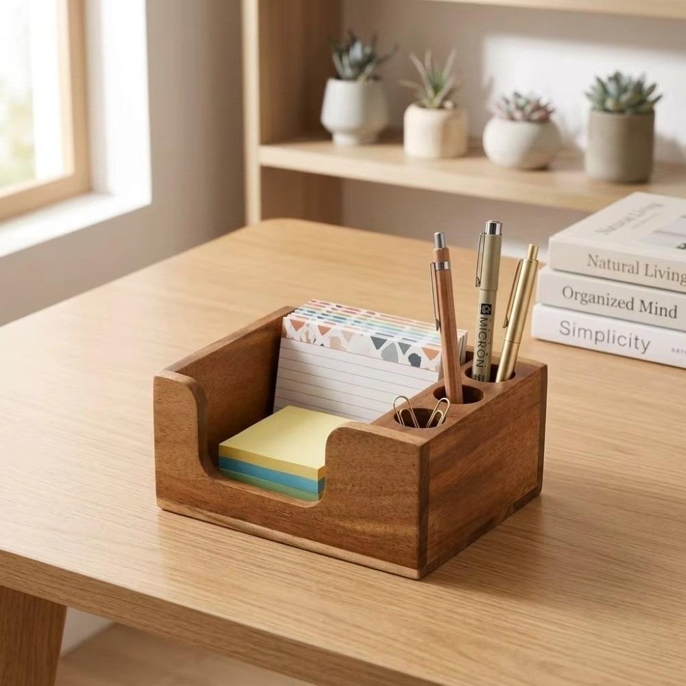 Solid Wood Desk Organizer Pen Holder Stationery Storage Box for Office Study Home