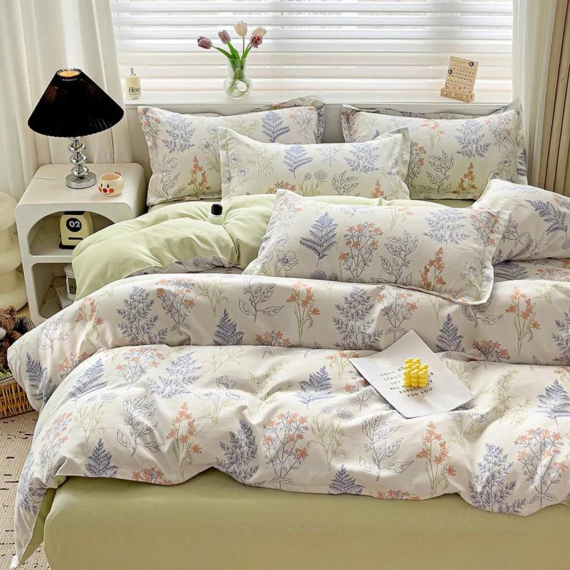 Skin-Friendly Twill Fabric Bed Sheet Four Piece Set Ab Double-Sided Color Blocking Bedding Sets Flower Printed Quilt Cover