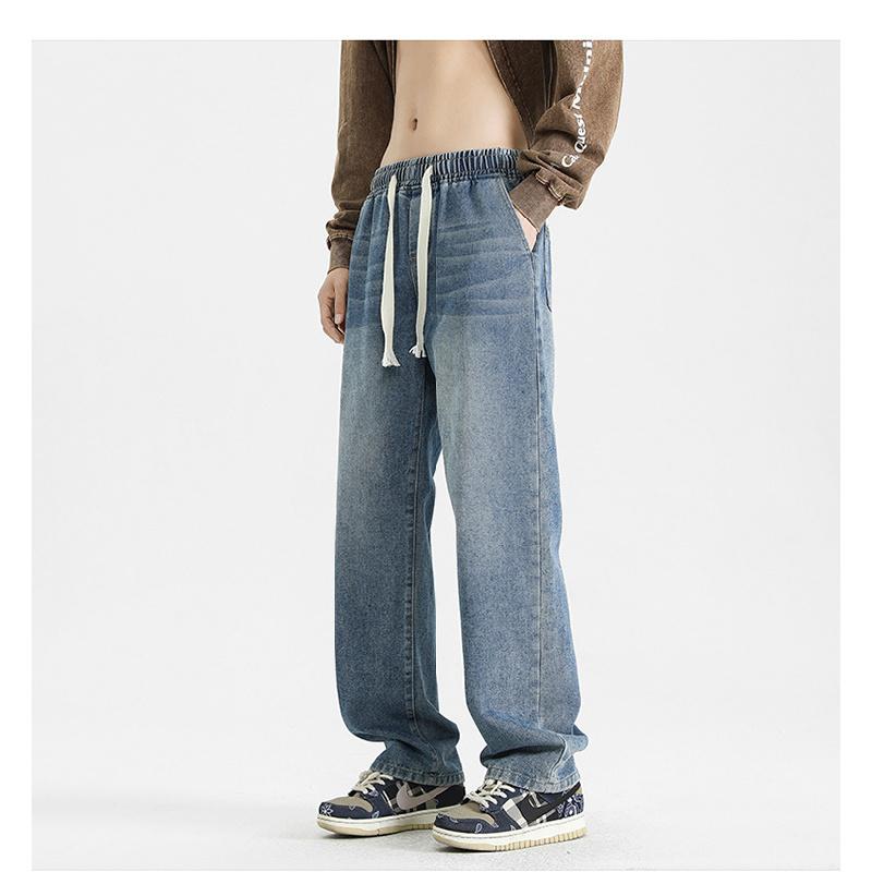 2026 New Vintage Drawstring Jeans for Men, Washed, Loose Fit, Versatile Workwear Trousers