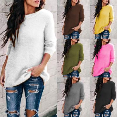 Autumn Winter Fashion Women Fuzzy Sweater Solid Color Long Sleeve Jumper Top