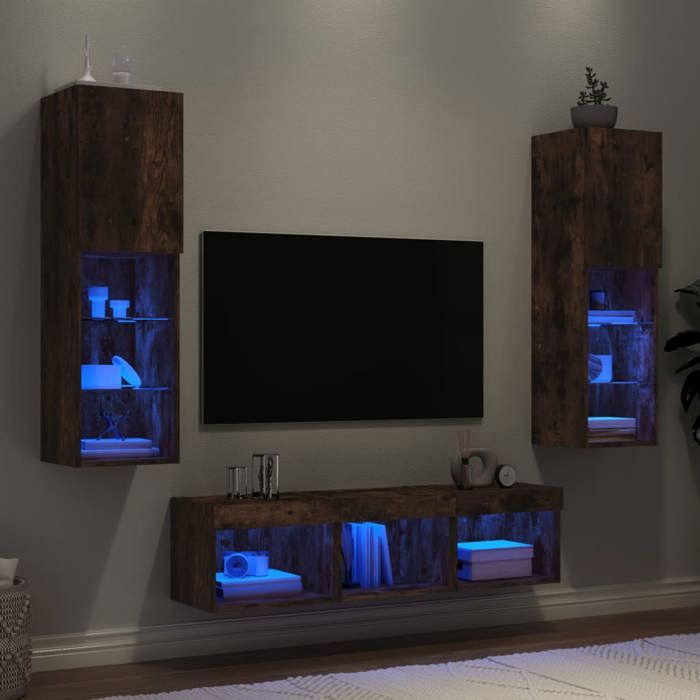 VidaXL Unités Murales TV avec LED 5 pcs, Armoires de Télévision Suspendues, Meubles Télé de Salon, Moderne, Chêne Fumé Bois 3216608