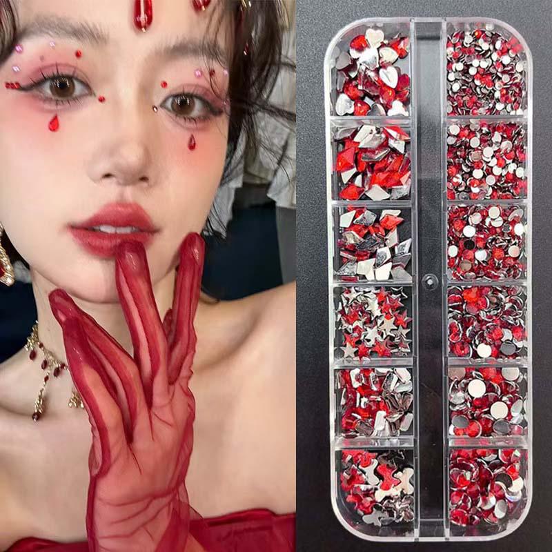 

New Year Red Manicure Irregular Drills and Teardrop Rhinestone Face Stickers Items