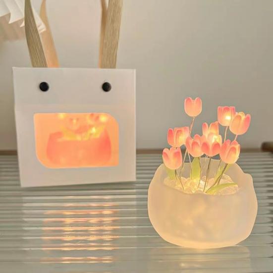 Tulip Night Light Material Pack Handmade Desk Lamp Kit with Warm Light Flower Petal Light String Decoration Romantic Atmosphere Light for Bedroom Car