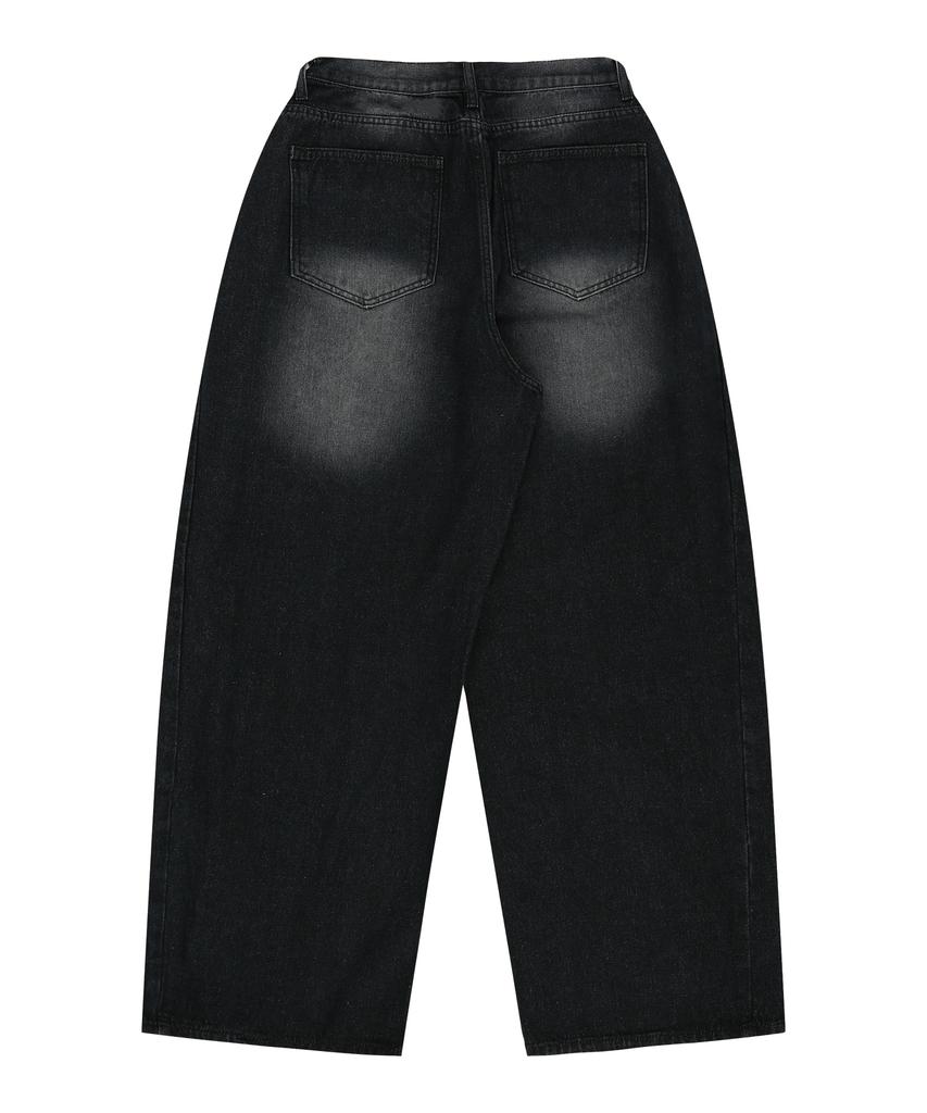 EASY NO EASY Side Pintuck Wide Denim Pants - Black