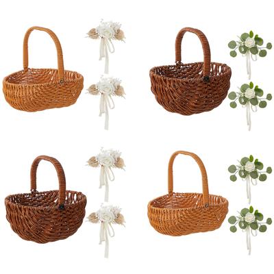 Wedding Flower Girl Baskets, Simulation Rattan Baskets With Artificial Flowers Bouquet For Wedding