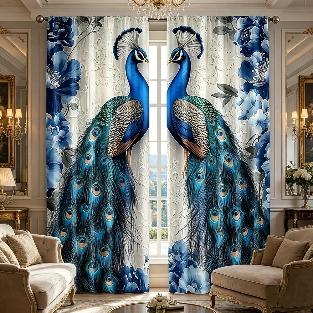 2PCS Digital Printed Curtains, Blue Flower Peacock Elegant Bird Floral, Window Curtains for Living Room Bedroom Home Decoration
