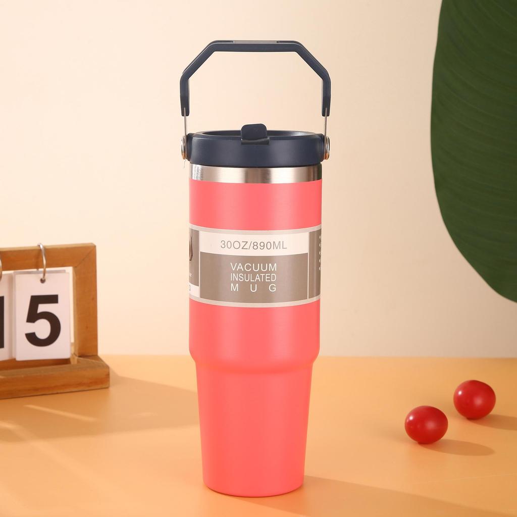 Large Capacity Insulated Stainless Steel Car Cup with Handle and Straw Lid