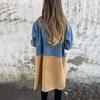 Mid Length Lady Overcoat Women Spring Fall Coat Denim Jacket Double Breasted Colorblock Patchwork with Flap Pockets
