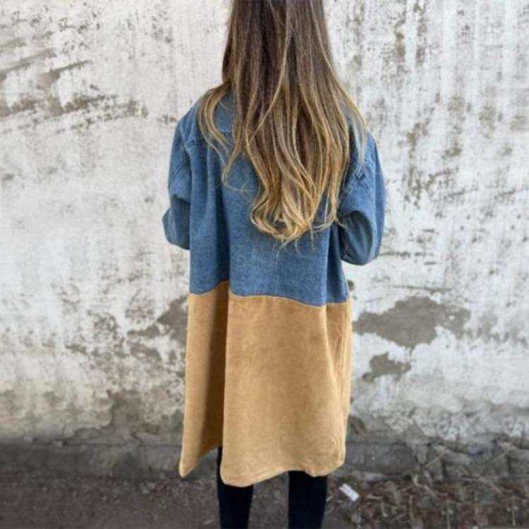 Mid Length Lady Overcoat Women Spring Fall Coat Denim Jacket Double Breasted Colorblock Patchwork with Flap Pockets