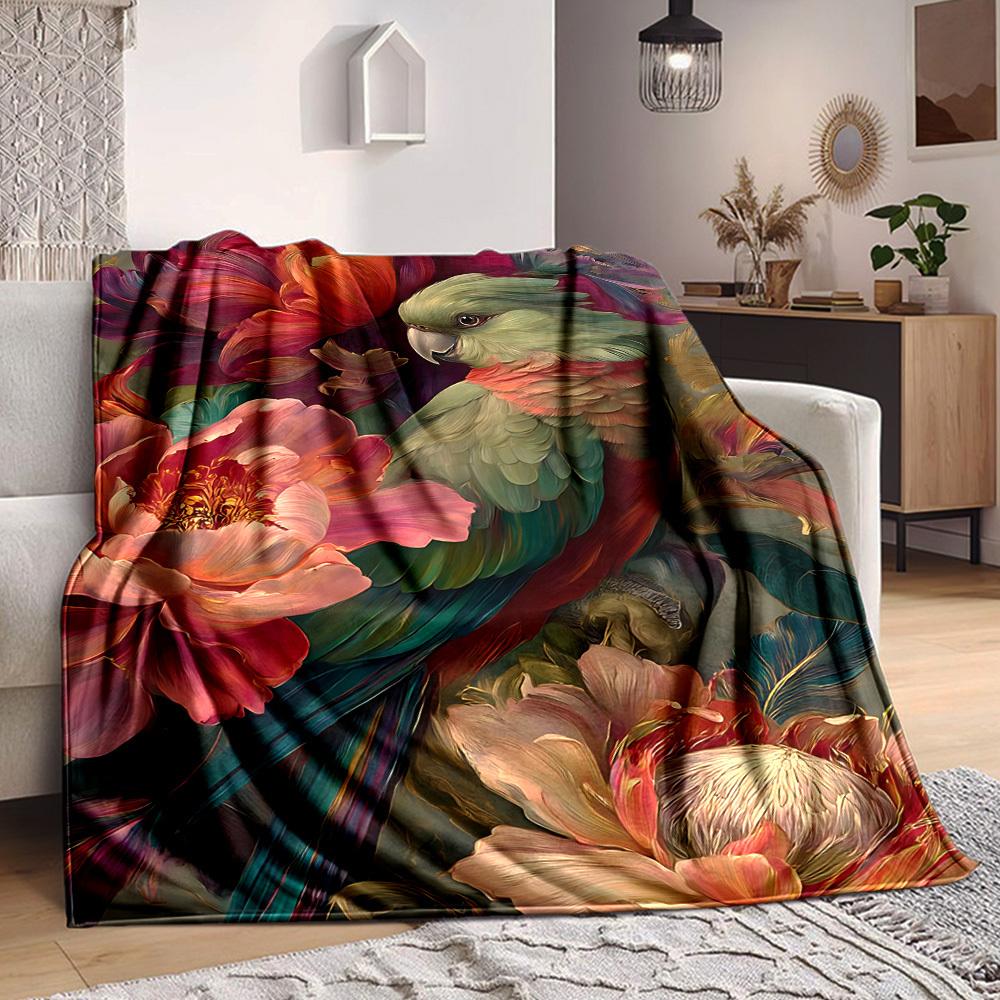 1pc Parrot Blossoms Lightweight Flannel Blanket, Comfortable and Warm Blanket, for Office and Camping Sofa Bed, Livingroom138