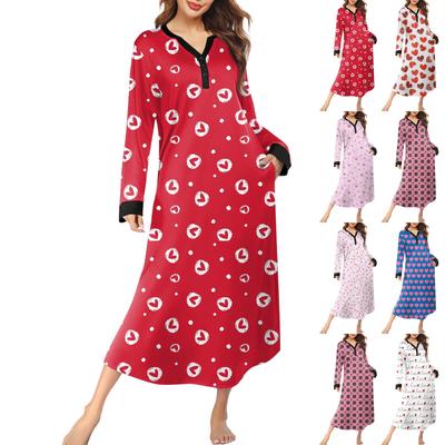 Women's Nightgown Fashion Printed Long Housecoat V Neck Pajamas With Pockets Dress