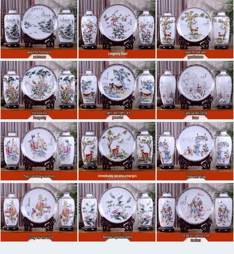 Famille Rose Mountain and River Ceramic Vase Set - Modern Three-Piece Home Decor