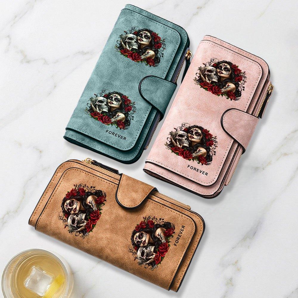 Fashionable long wallet with eye-catching rose and skull art print design. Multifunctional portable coin purse with clasp. Large-capacity zippered