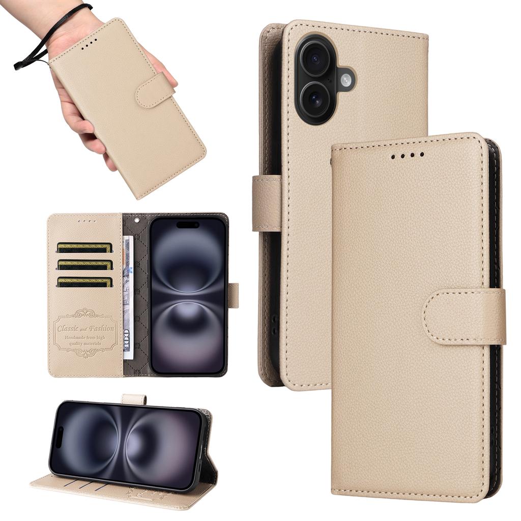 For iPhone 16 Plus Case RFID Blocking 3 Card Slots PU Leather Phone Cover with Wrist Strap