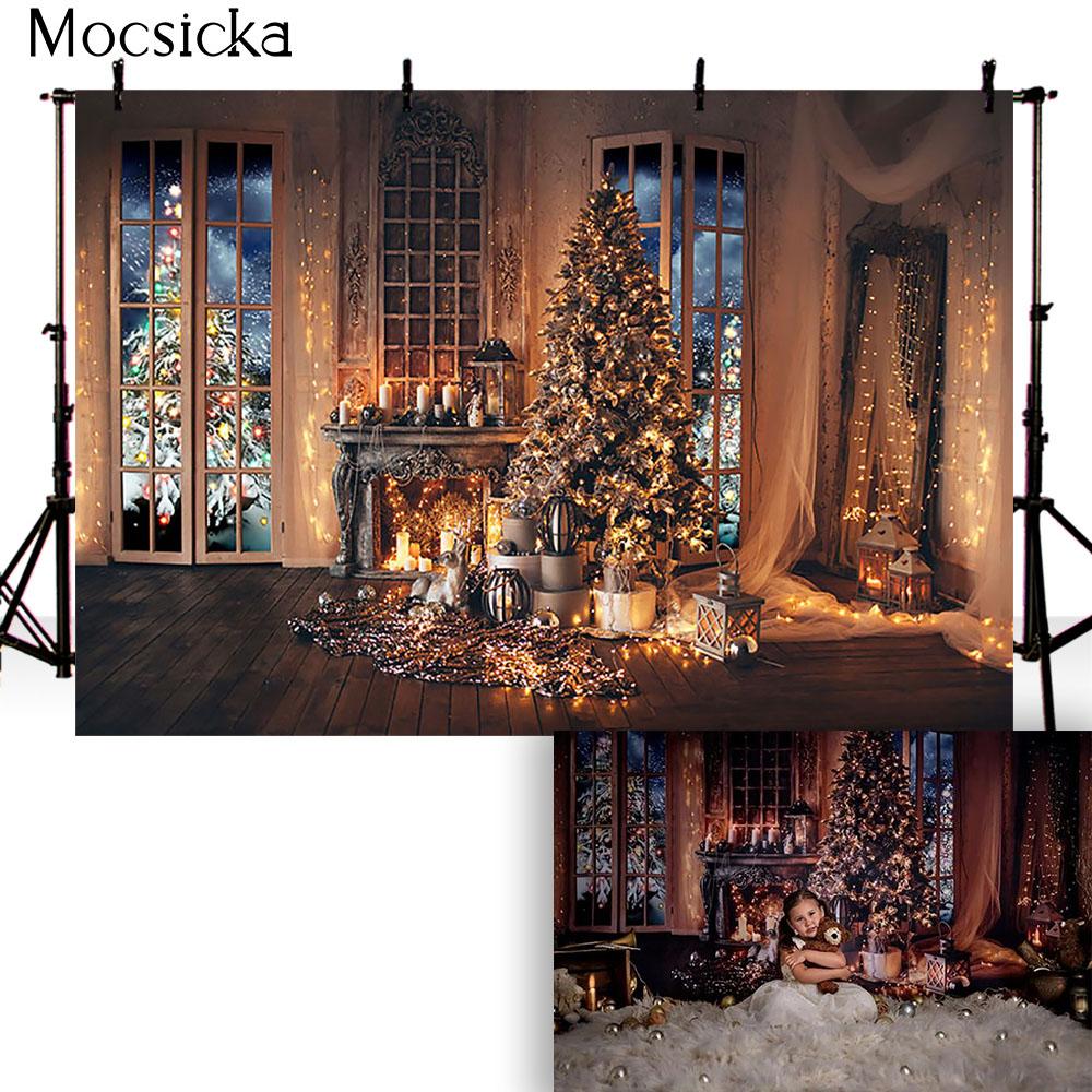 Christmas Tree Stairs Photography Backdrops Wooden Floor Fireplace Portrait Vinyl Photographic Background Photocall Photo Studio