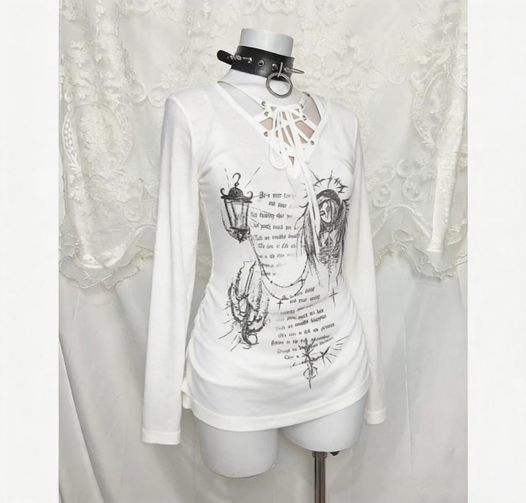 2000s American Vintage Gothic Black Women T-shirts Punk Style Graphic Grunge Tshirts Harajuku Y2k Long Sleeve Tops Streetwear
