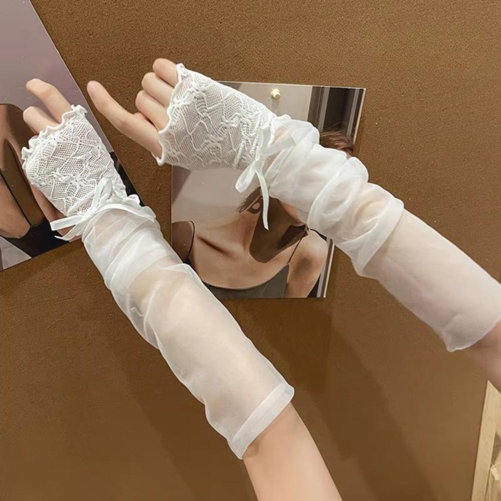 Bowknot Fingerless Gloves Sheer Lolita Gloves Y2K Mesh Gloves