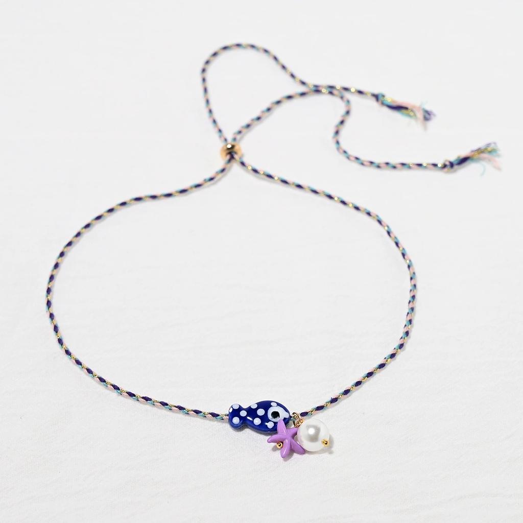 Colorful Bohemian Ceramic Fish Pendant Necklace for Women Adjustable Multicolored Rope Choker Jewelry for Summer Beach Vacation