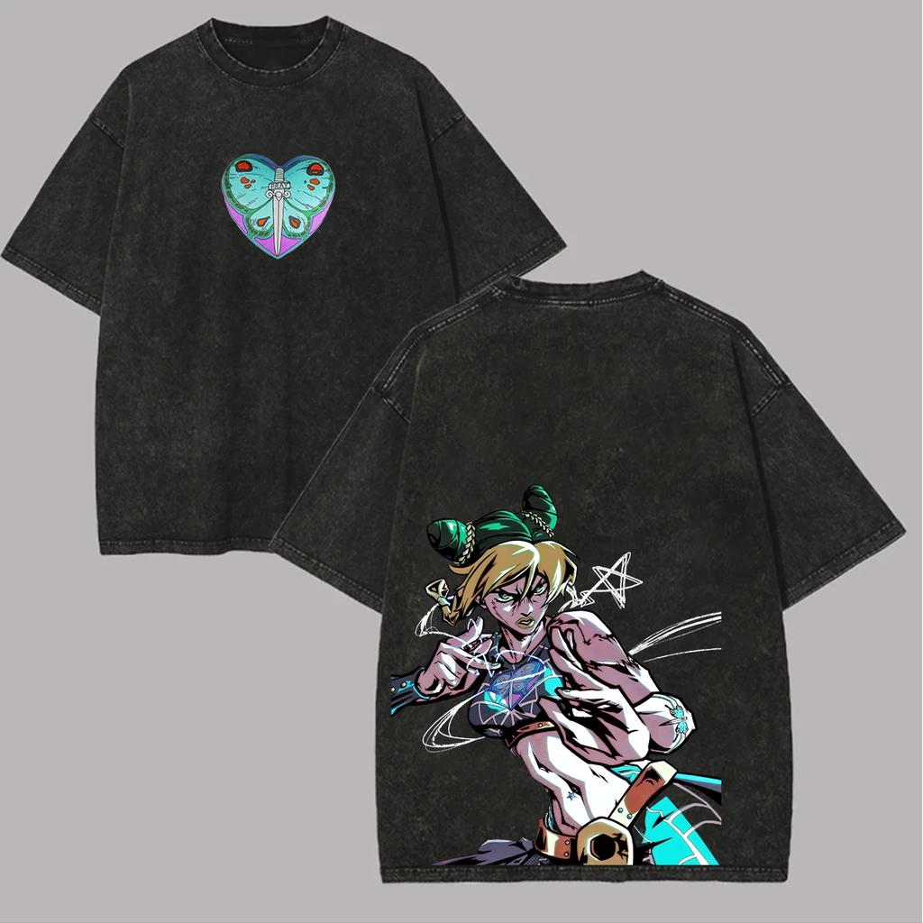 Harajuku Anime JoJo's Bizarre Adventure T Shirt Gothic Washed Oversized T-shirt Summer Pure Cotton Tees Tops Men Unisex Clothing