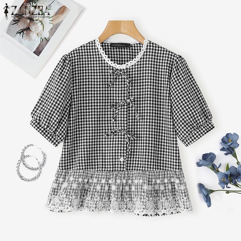 ZANZEA Women Summer Round Neck Lace Patchwork Plaid Casual Ruffled Blouse