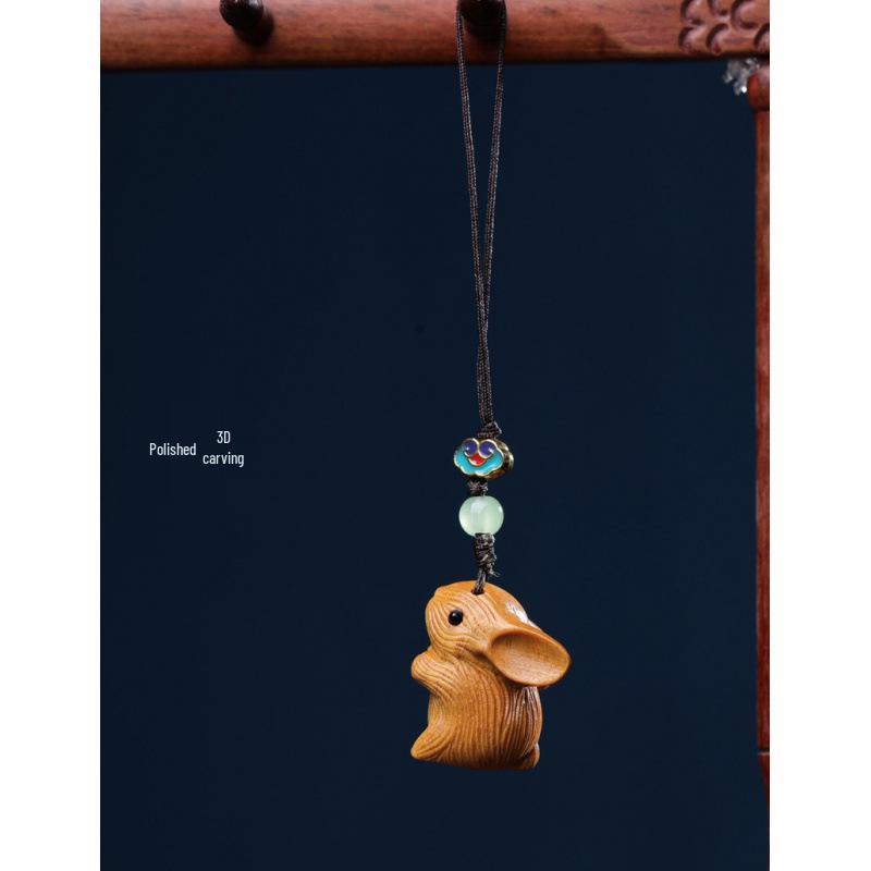 Rosewood Boxwood Green Sandalwood Carved Rabbit Phone Charm Pendant