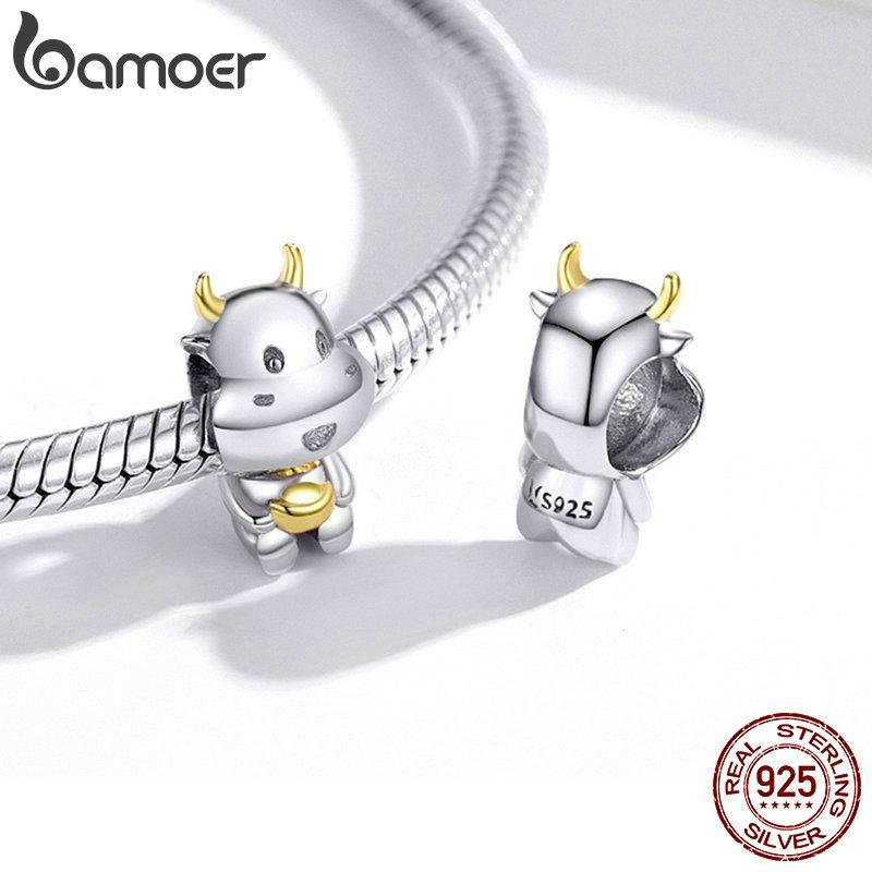 BAMOER 925 Sterling Silver Plated Platinum Playful Cute Lucky Cow Charm Beads Fit Original 3mm Bracelet