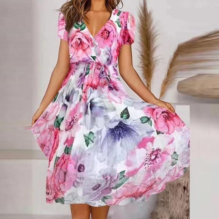 Elegant Women Casual Dress Retro Floral Print Chiffon Long Dress V Neck Short Sleeve Harajuku Party Ladies Fashion Autumn New Style