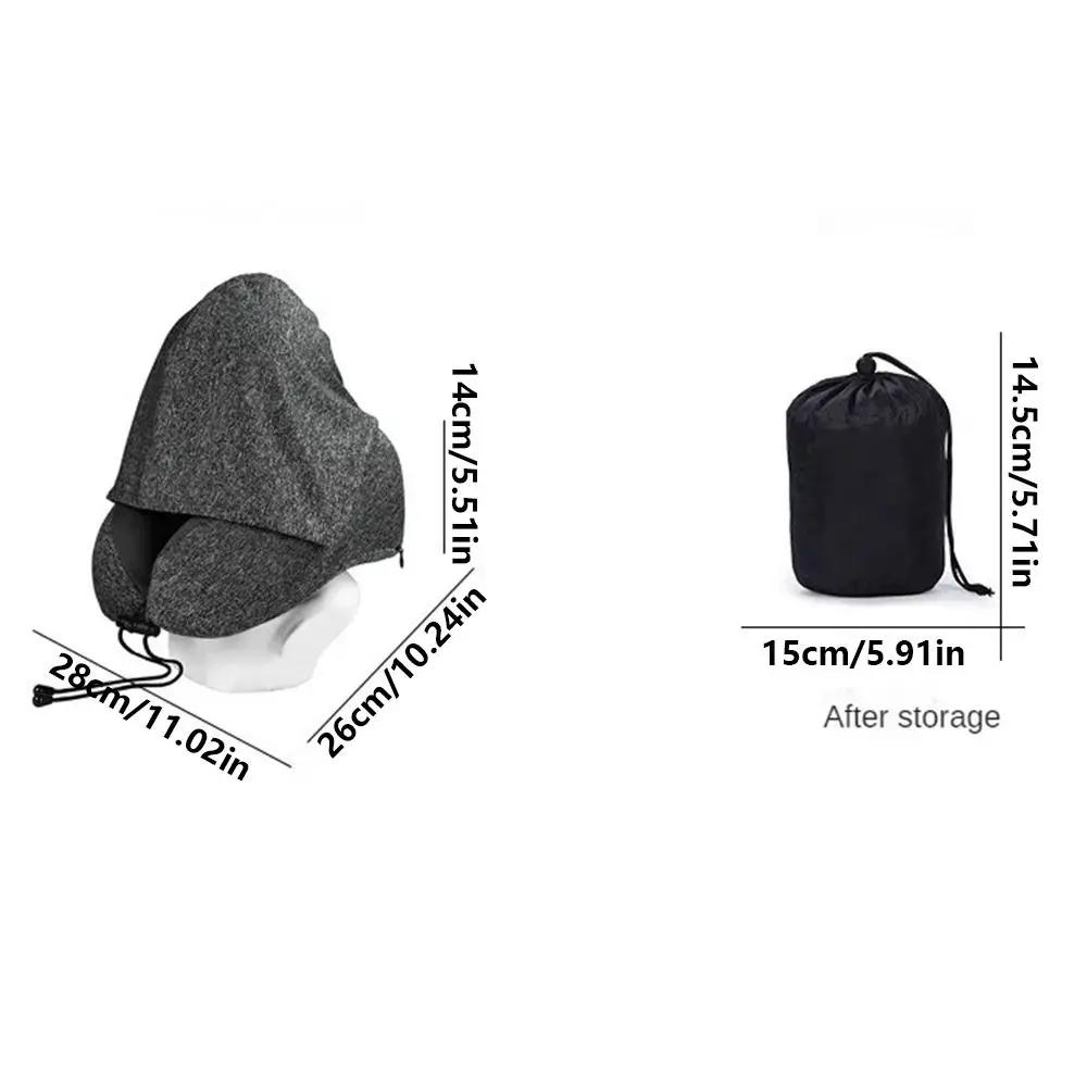 Removable Travel Neck Pillow Washable Cover Adjustable Hooded Pillow Soft Support with Storage Bag Car Neck Cushion