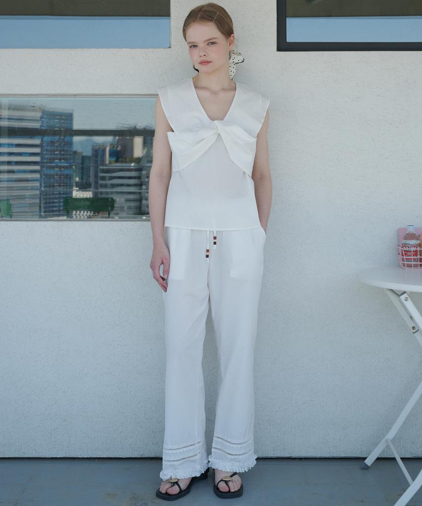 OPENING SUNSHINE Punched Lace Cotton Elastic Waist Wide Pants White