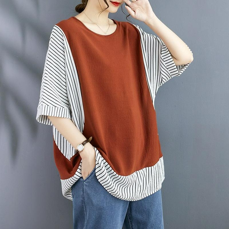 Cotton and Linen Plus Size Women's Fake Two-piece Striped Shirt Summer Fashion Stitching Vertical Striped Bat Sleeve Top